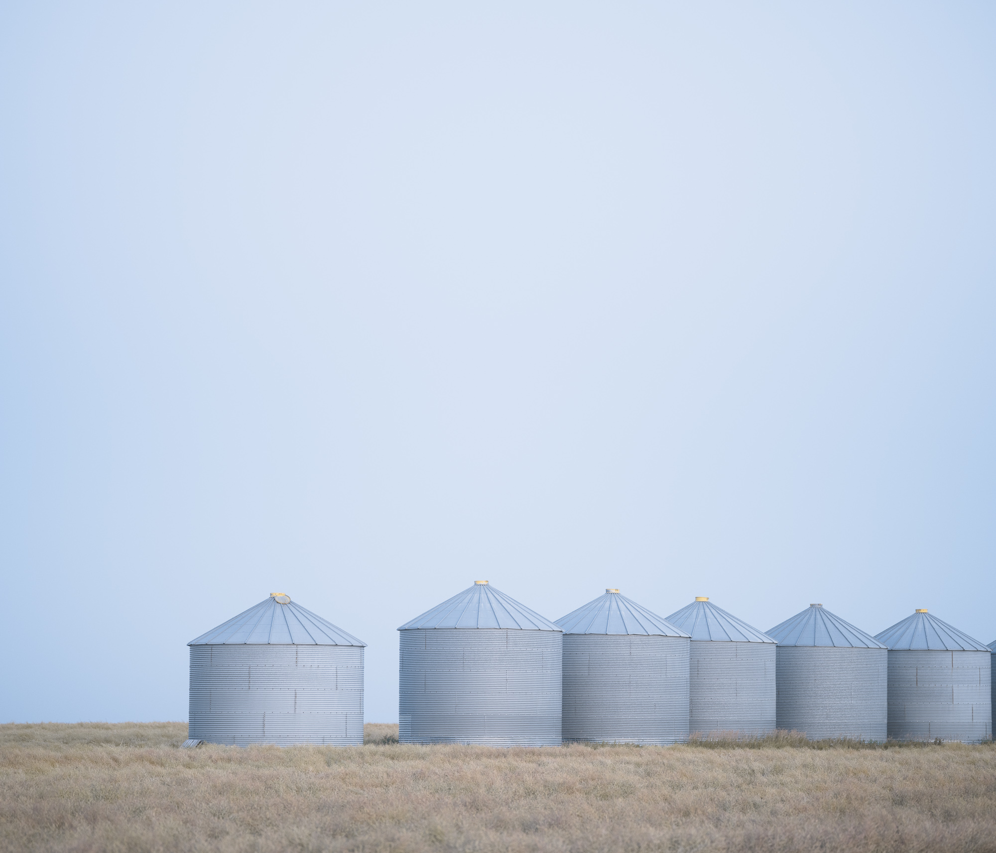 A row of grain bins standing low against a pale Alberta sky.