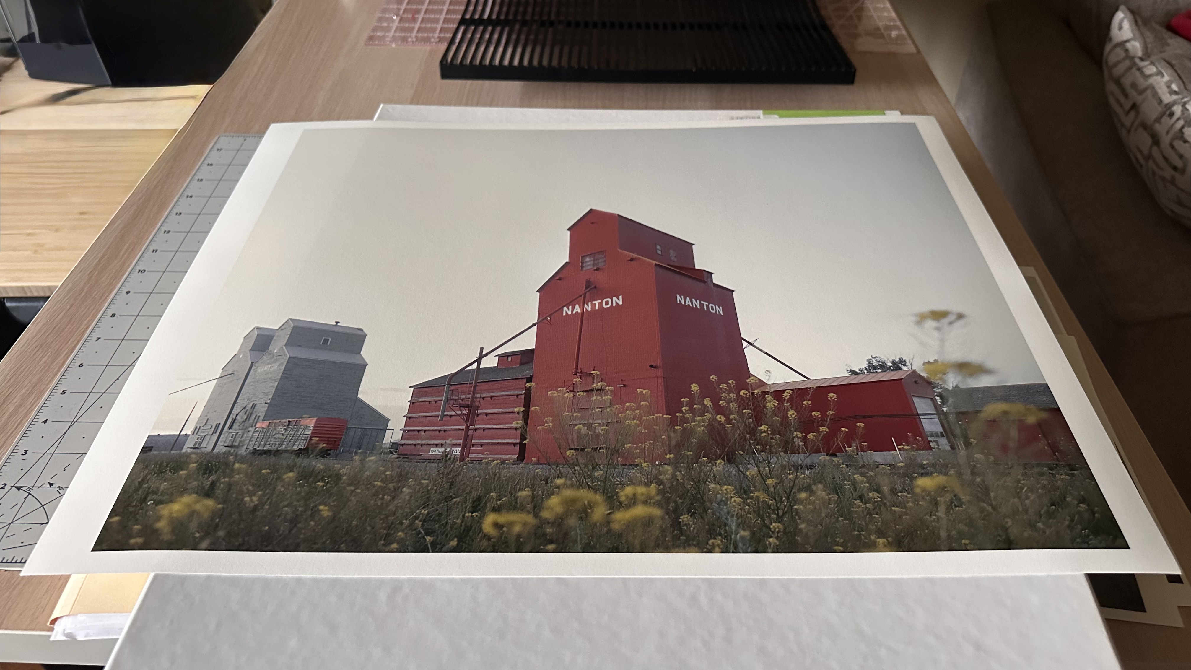 The finished Nanton grain elevator print resting on the studio worktable.